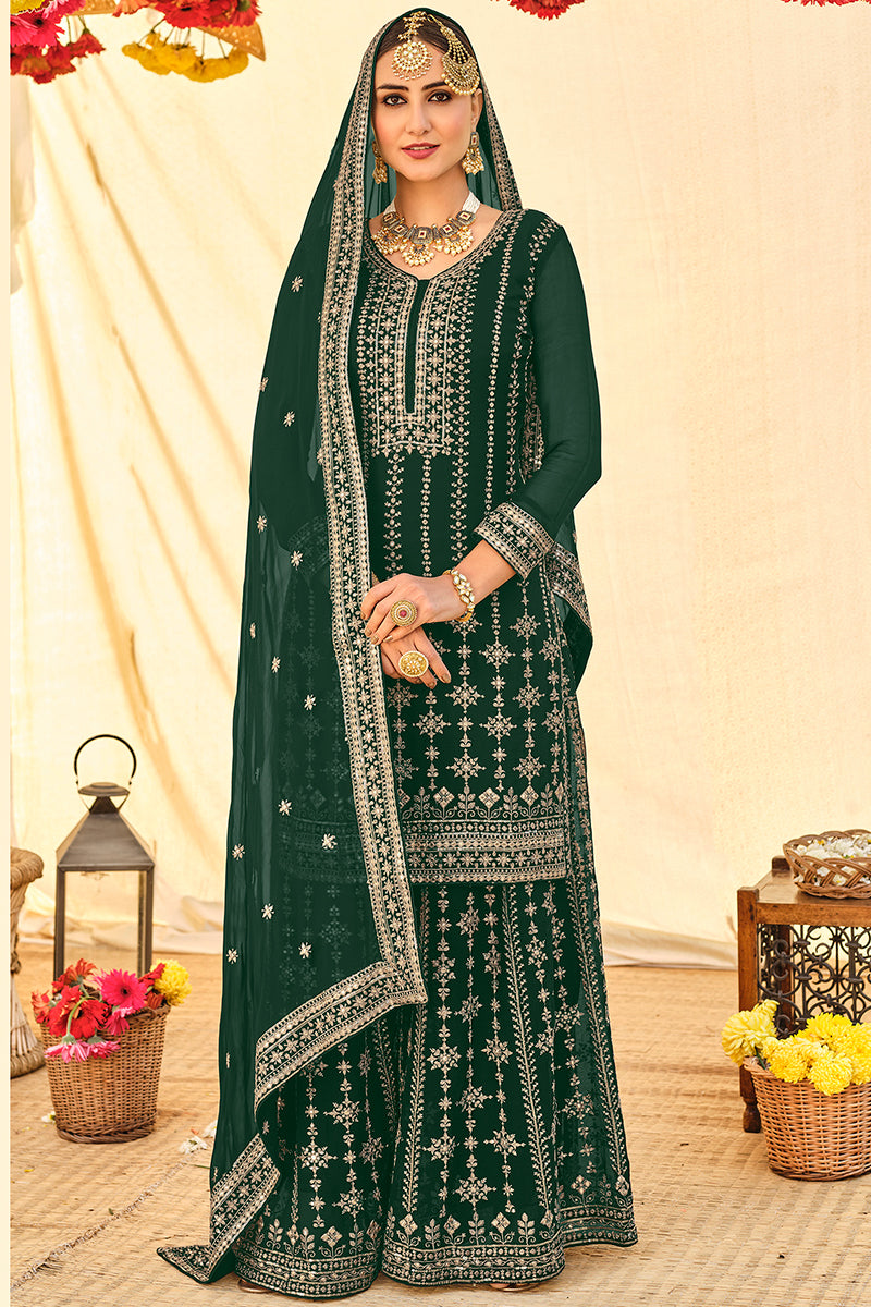 Buy Elegant Green All Over Embroidered Suit - Palazzo Style Salwar Suit