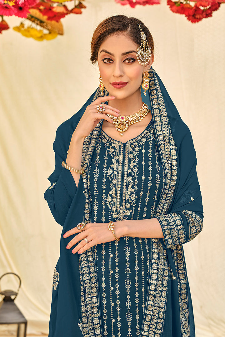 Buy Teal Blue All Over Embroidered Suit - Palazzo Style Salwar Suit
