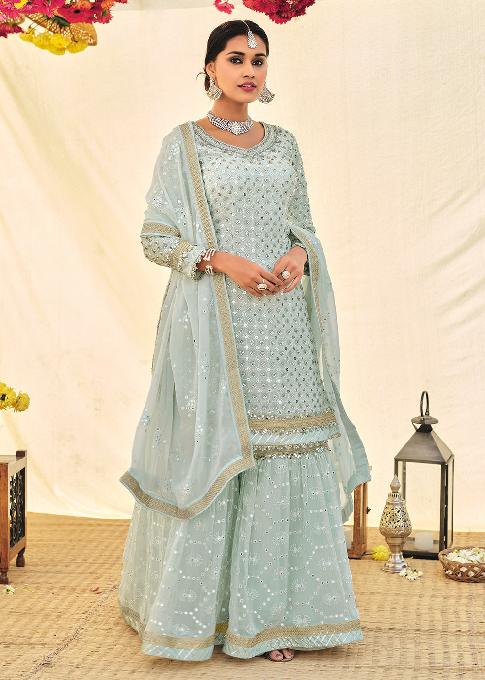Buy Aqua Blue Zari & Mirror Embroidered Sharara - Festive Sharara Suit