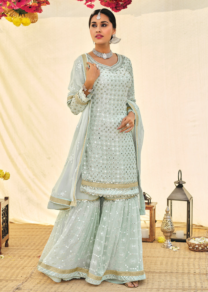 Buy Aqua Blue Zari & Mirror Embroidered Sharara - Festive Sharara Suit