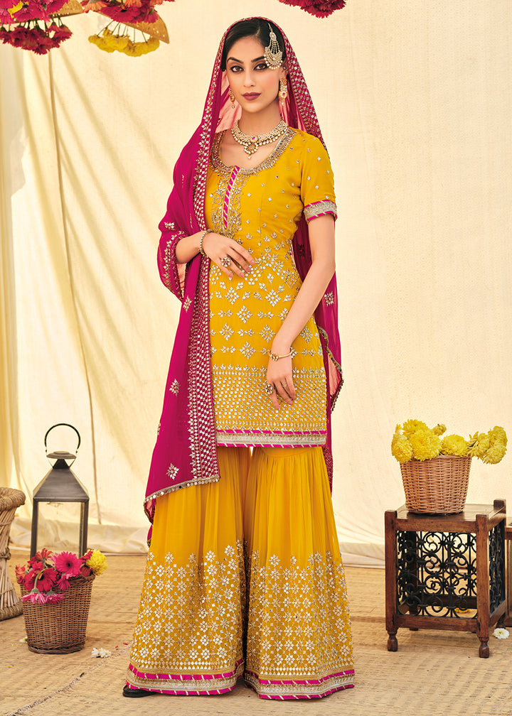 Buy Vivid Yellow Zari & Mirror Embroidered Sharara - Festive Sharara Suit