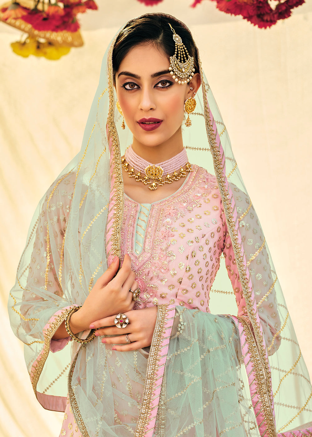Buy Blush Pink Zari Mirror Embroidered Festive Sharara Suit