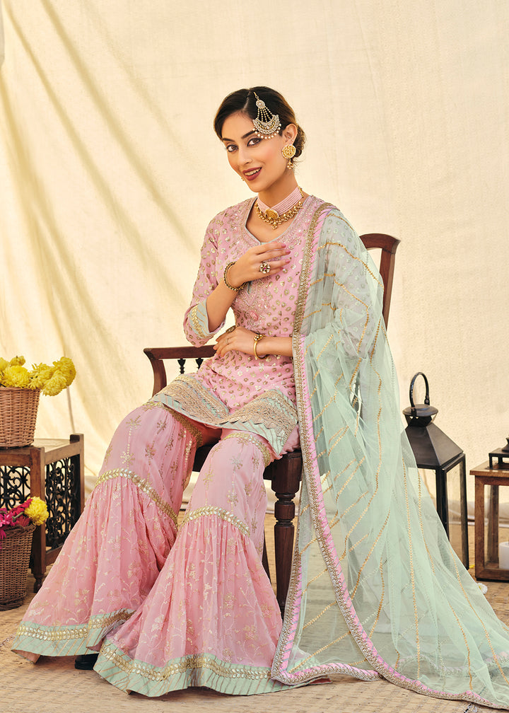 Buy Blush Pink Zari & Mirror Embroidered Sharara - Festive Sharara Suit Online