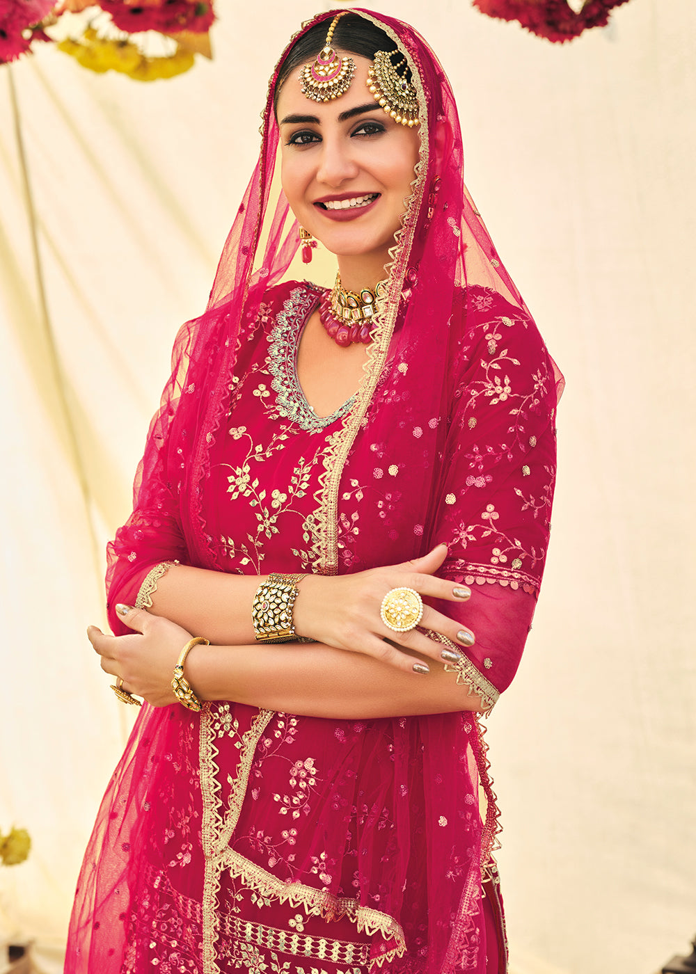 Buy Hot Pink Zari & Mirror Embroidered Sharara - Festive Sharara Suit