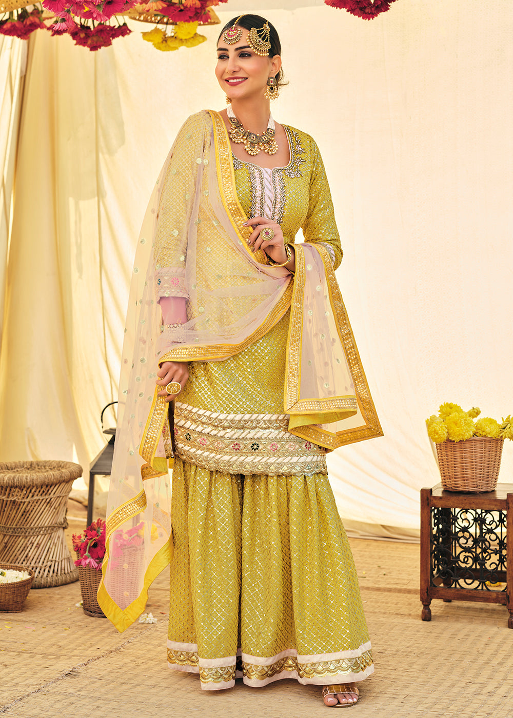Buy Mustard Zari & Mirror Embroidered Sharara - Festive Sharara Suit
