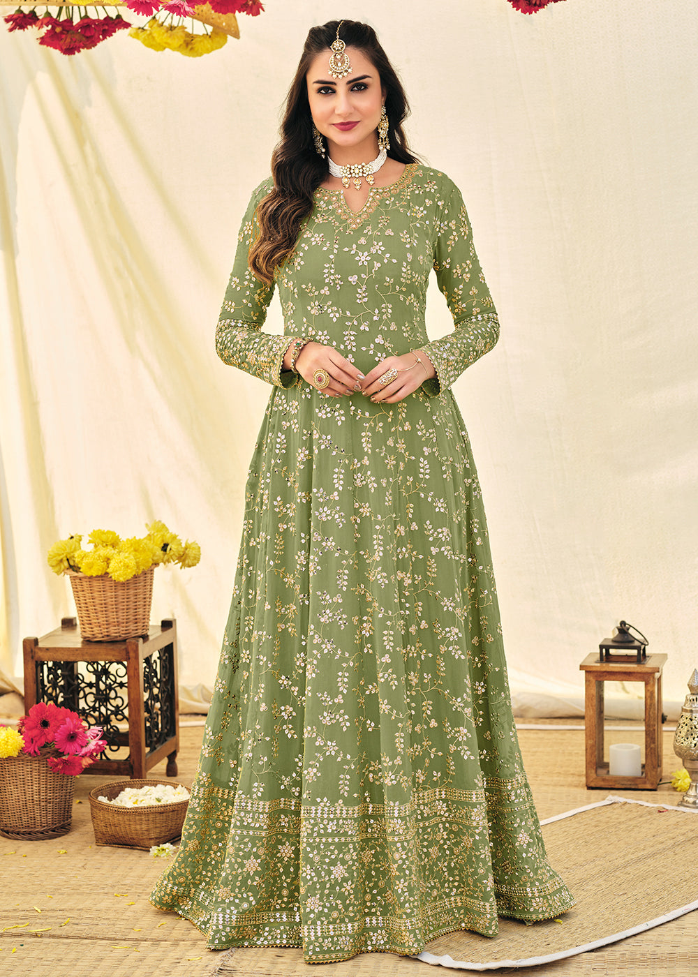 Buy Designer Green Embroidered  Anarkali - Georgette Anarkali Suit