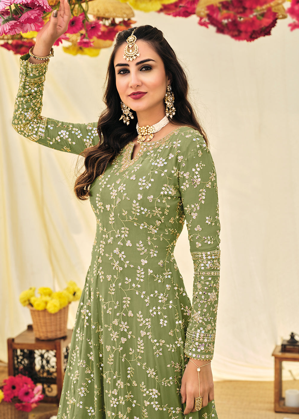 Buy Designer Green Embroidered  Anarkali - Georgette Anarkali Suit