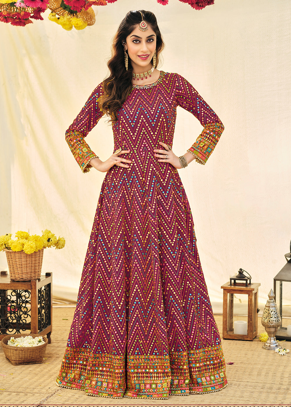 Buy Engagement Dresses In Cairo - Yellow Designer Embroidery Anarkali Gown  With Jacket