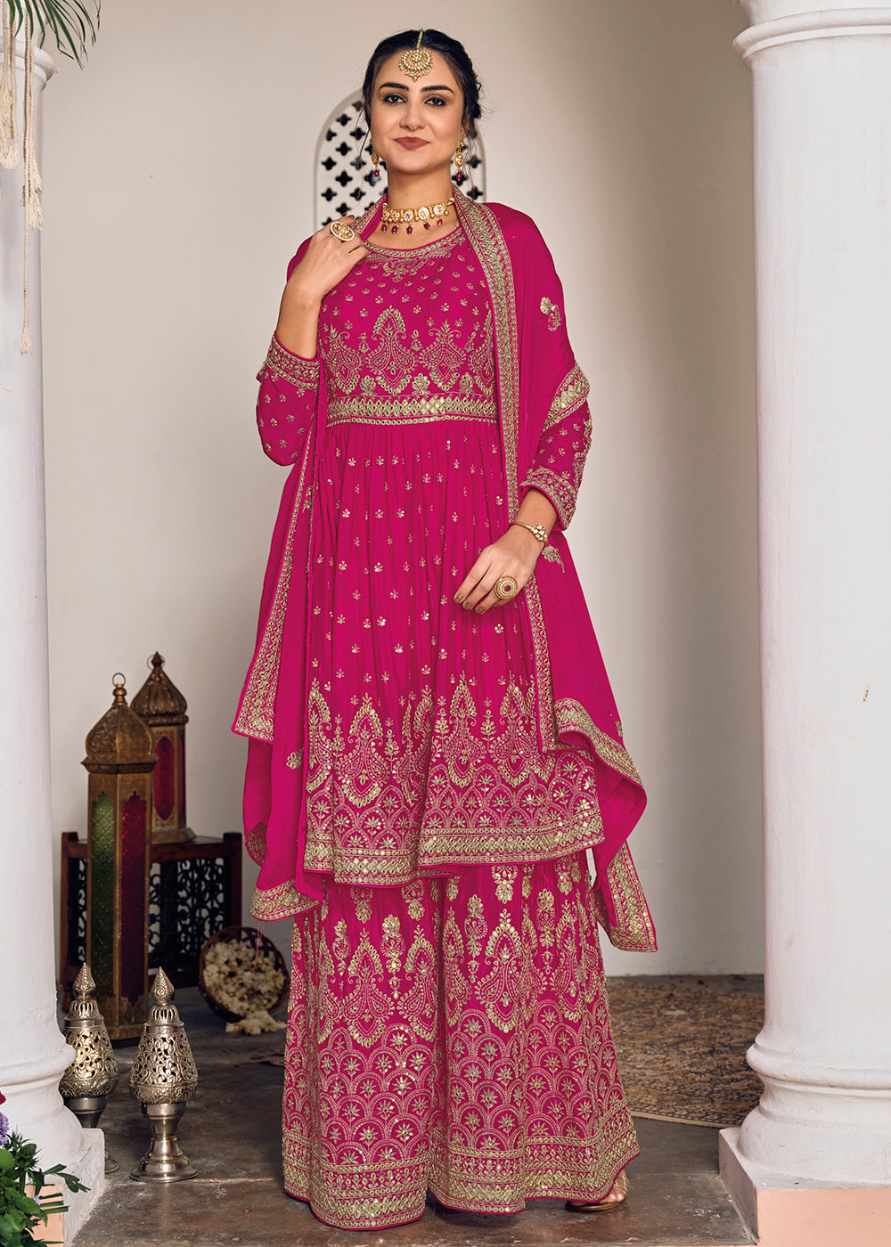 Buy Hot Pink and Gold Embroidered Sharara - Designer Sharara Suit