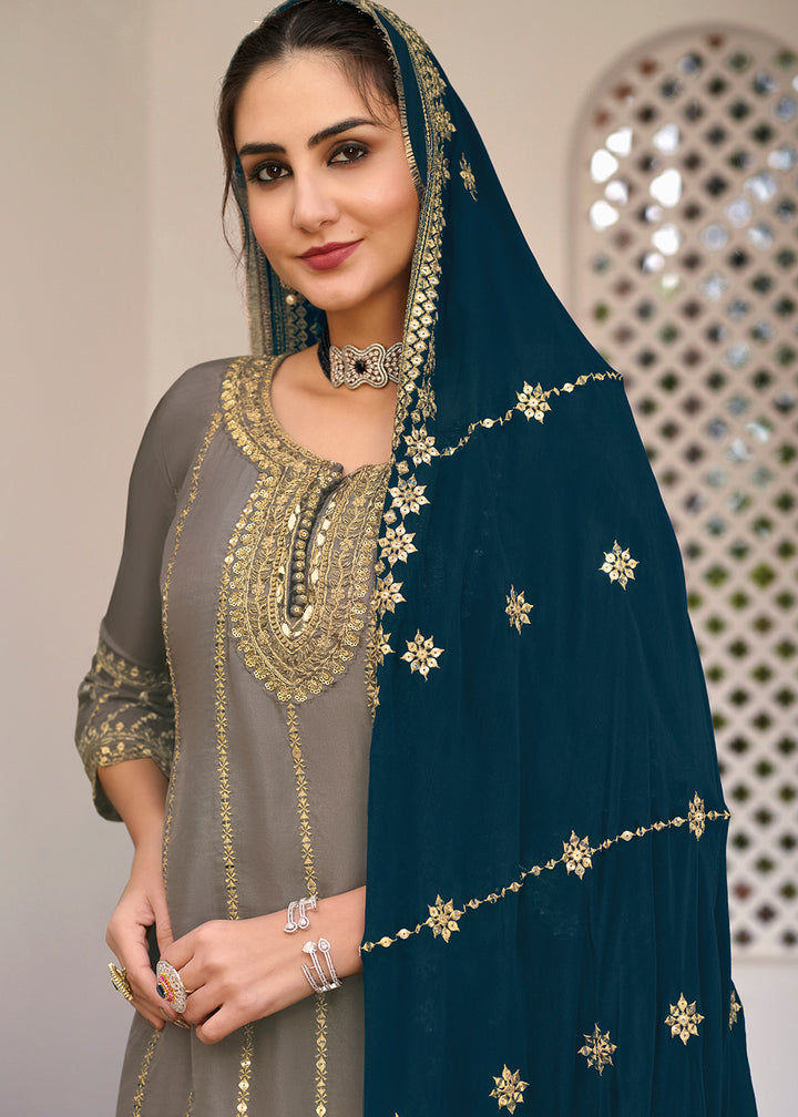 Buy Grey and Gold Embroidered Sharara - Designer Sharara Suit