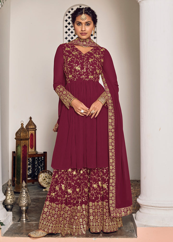 Maroon Wine and Gold Embroidered Designer Sharara Suit