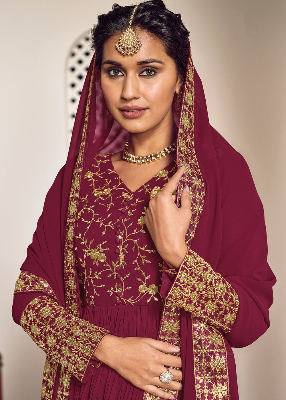 Maroon Wine and Gold Embroidered Designer Sharara Suit