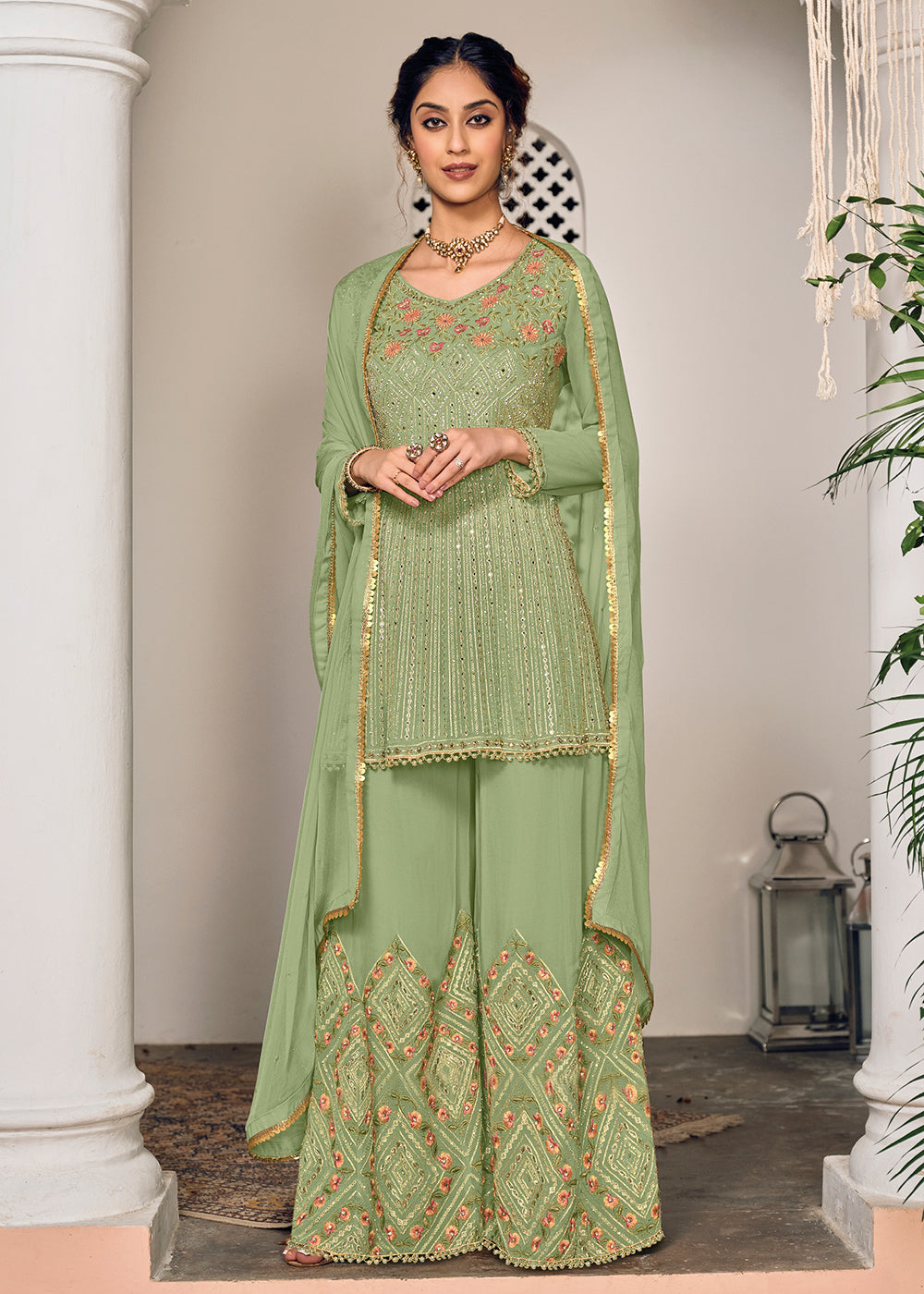 Buy Green and Gold Embroidered Sharara - Designer Sharara Suit