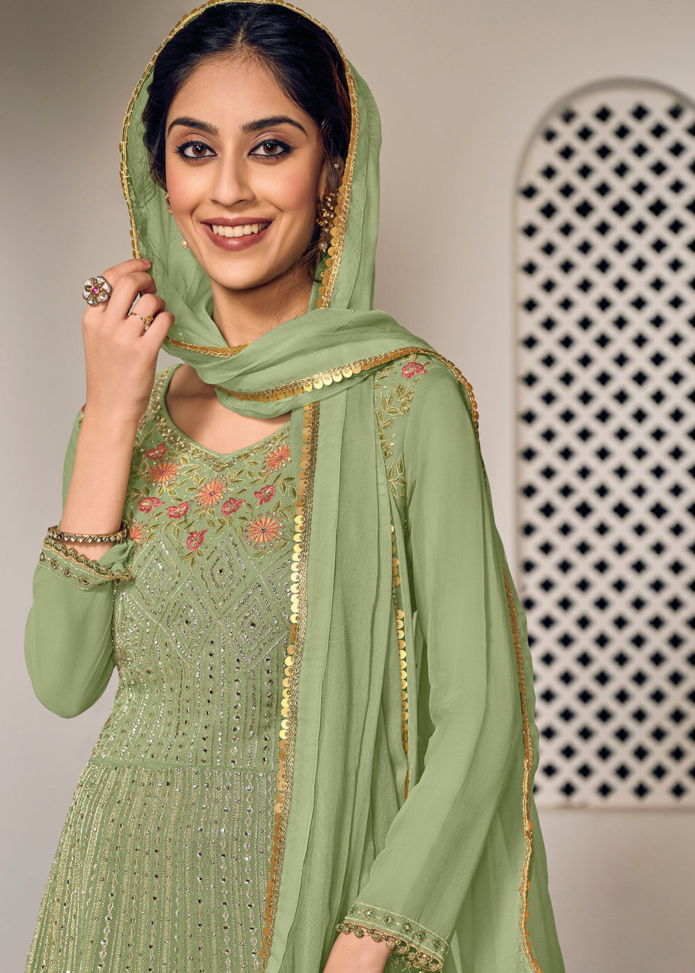 Buy Green and Gold Embroidered Sharara - Designer Sharara Suit