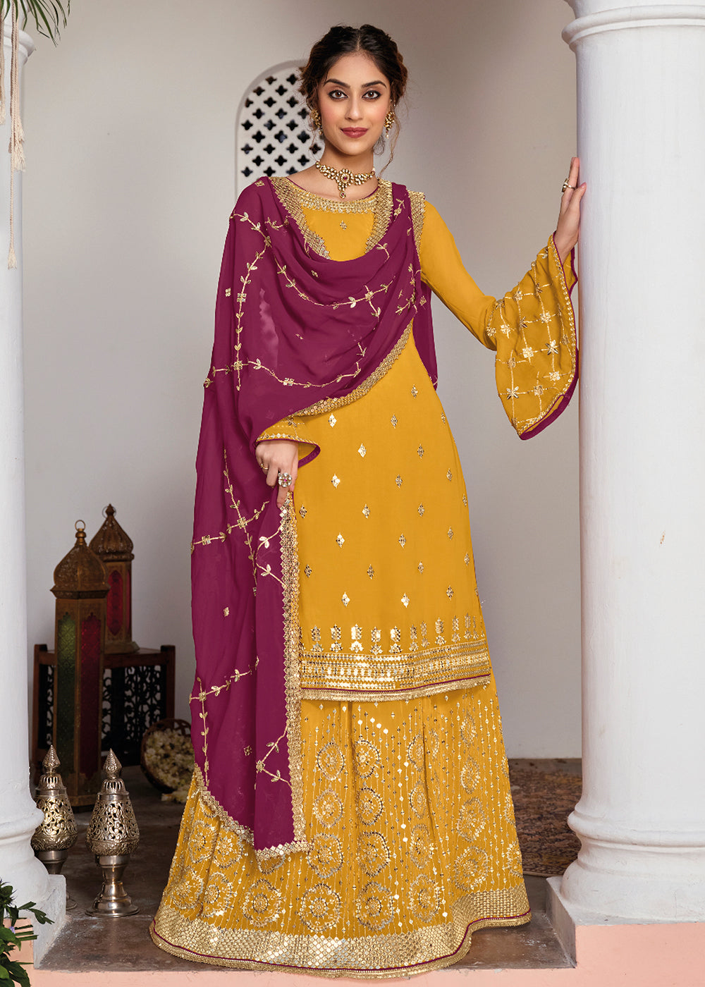 Buy Yellow and Gold Embroidered Sharara - Designer Sharara Suit