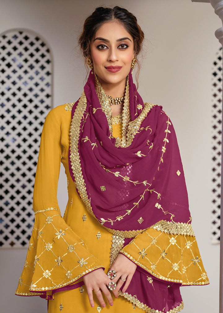 Buy Yellow and Gold Embroidered Sharara - Designer Sharara Suit