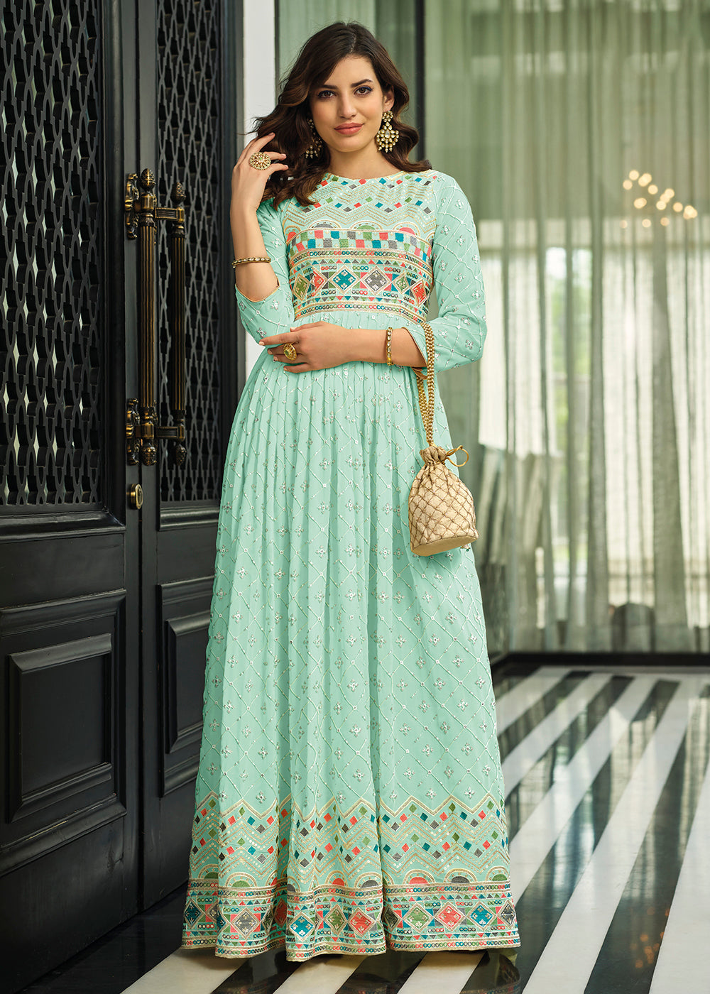 Shop Now Sky Blue Trendy Georgette Embellished Anarkali Suit Online at Empress Clothing in USA. 