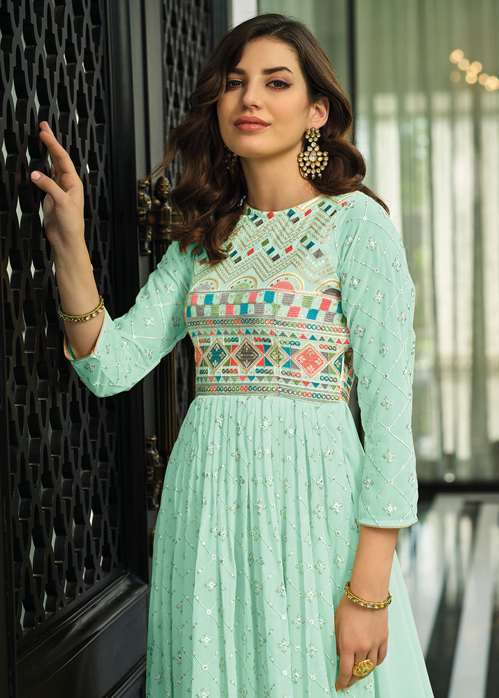 Shop Now Sky Blue Trendy Georgette Embellished Anarkali Suit Online at Empress Clothing in USA. 