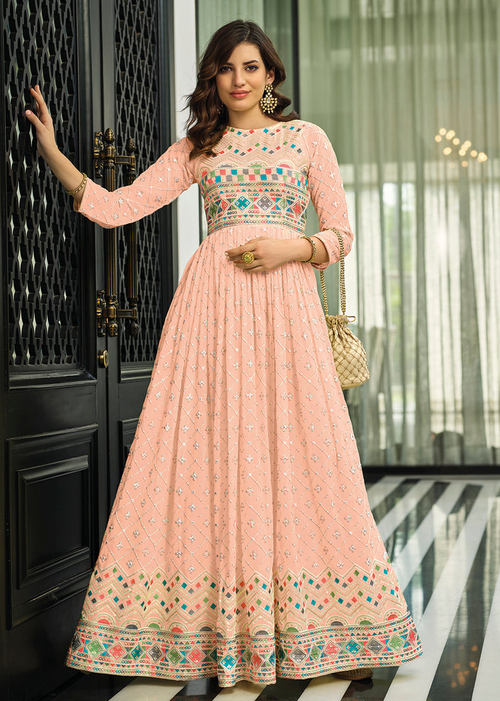 Shop Now Soft Peach Trendy Georgette Embellished Anarkali Suit Online at Empress Clothing in USA.