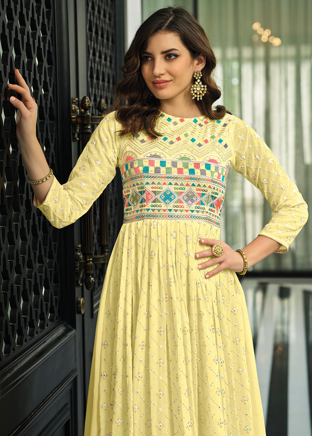 Shop Now Lime Yellow Trendy Georgette Embellished Anarkali Suit Online at Empress Clothing in USA. 