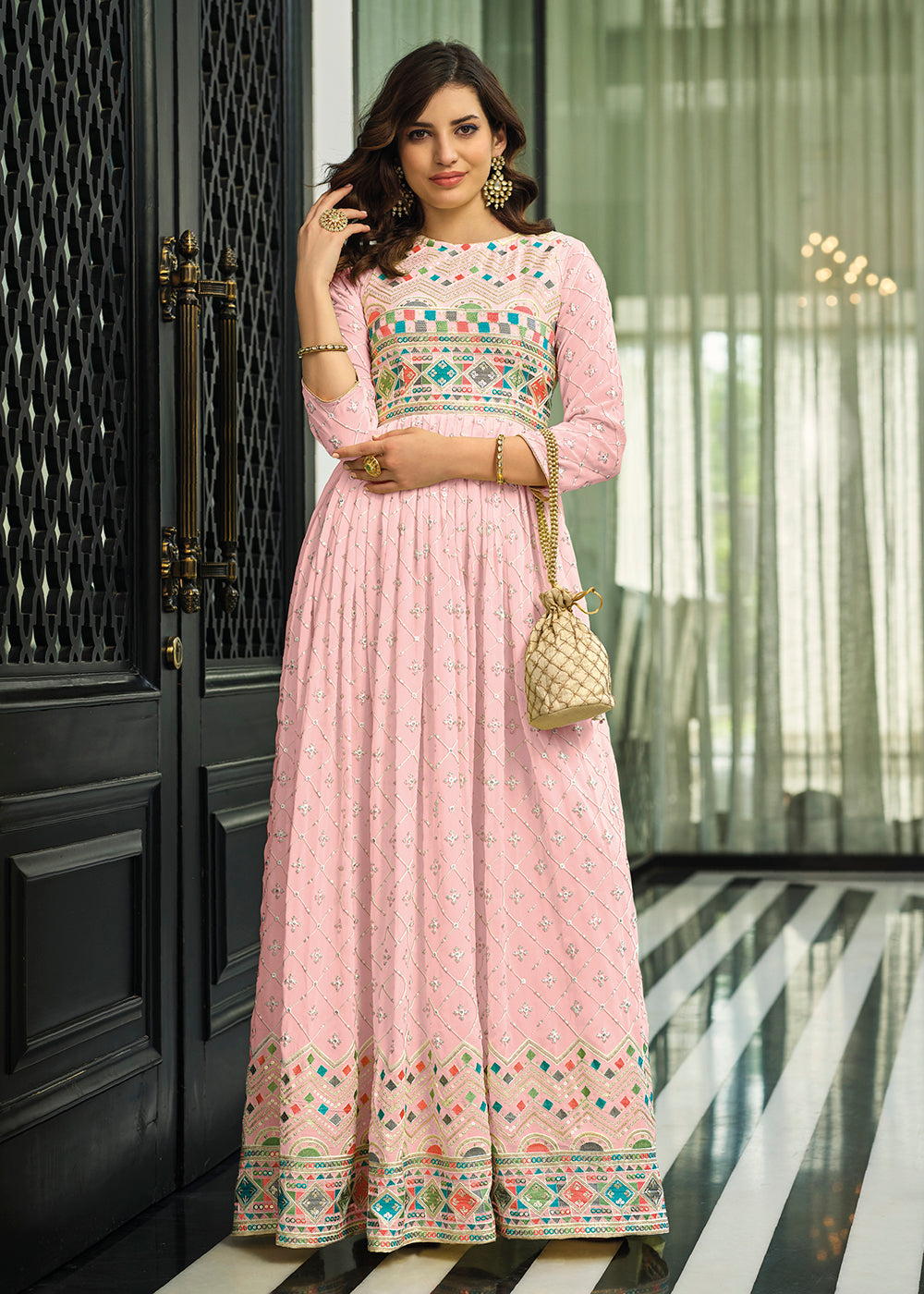Shop Now Lime Soft Pink Georgette Embellished Anarkali Suit Online at Empress Clothing in USA.