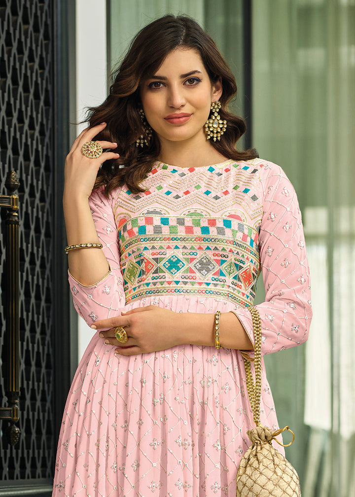 Shop Now Lime Soft Pink Georgette Embellished Anarkali Suit Online at Empress Clothing in USA.