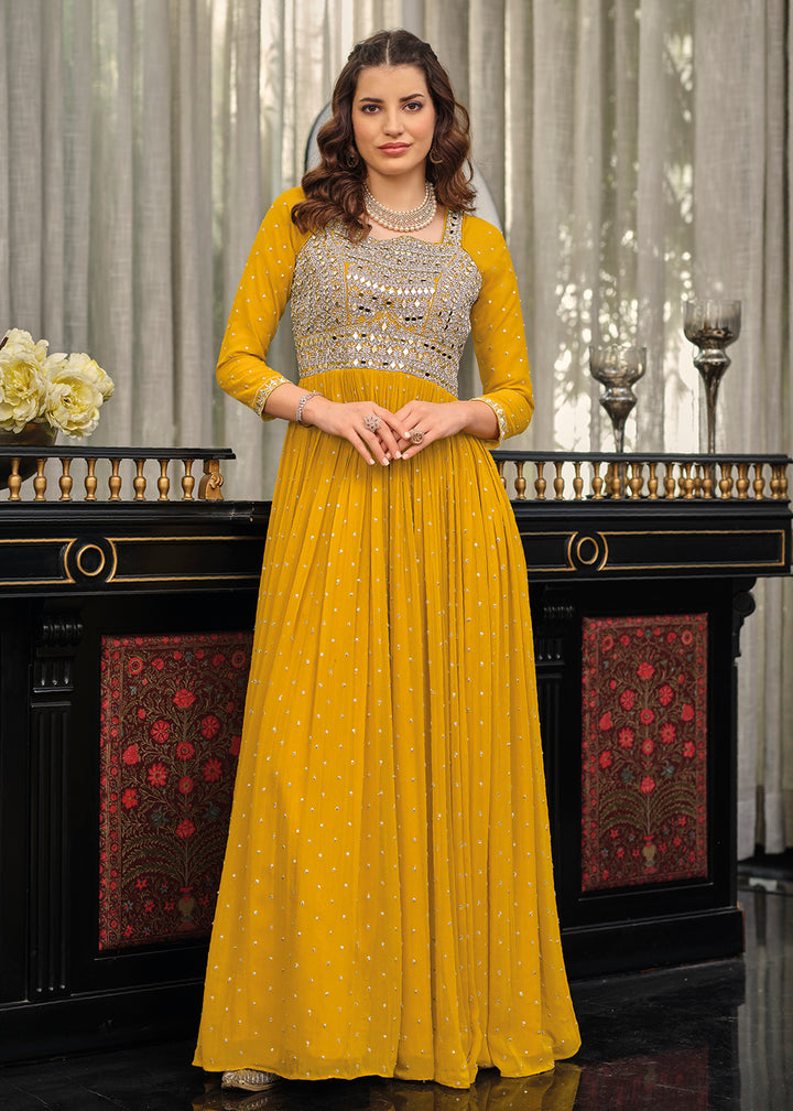 Buy Now Yellow Haldi Wedding Party Wear Long Anarkali Gown Online in USA, UK, Australia, New Zealand, Canada & Worldwide at Empress Clothing.
