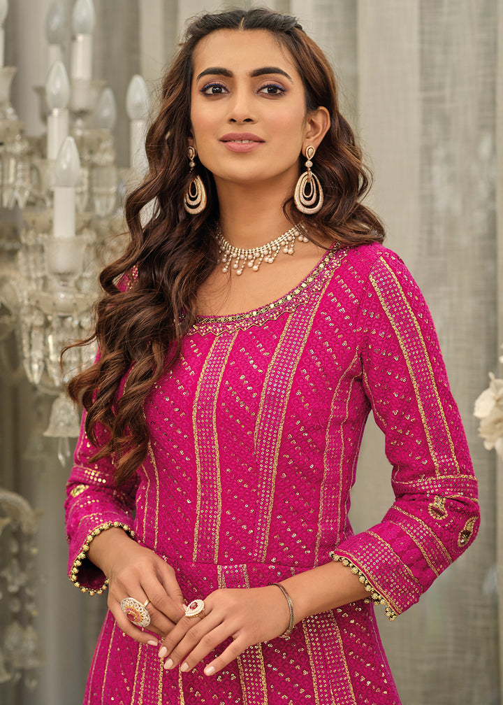 Buy Now Pink Sangeet Wedding Party Wear Long Anarkali Gown Online in USA, UK, Australia, New Zealand, Canada & Worldwide at Empress Clothing.