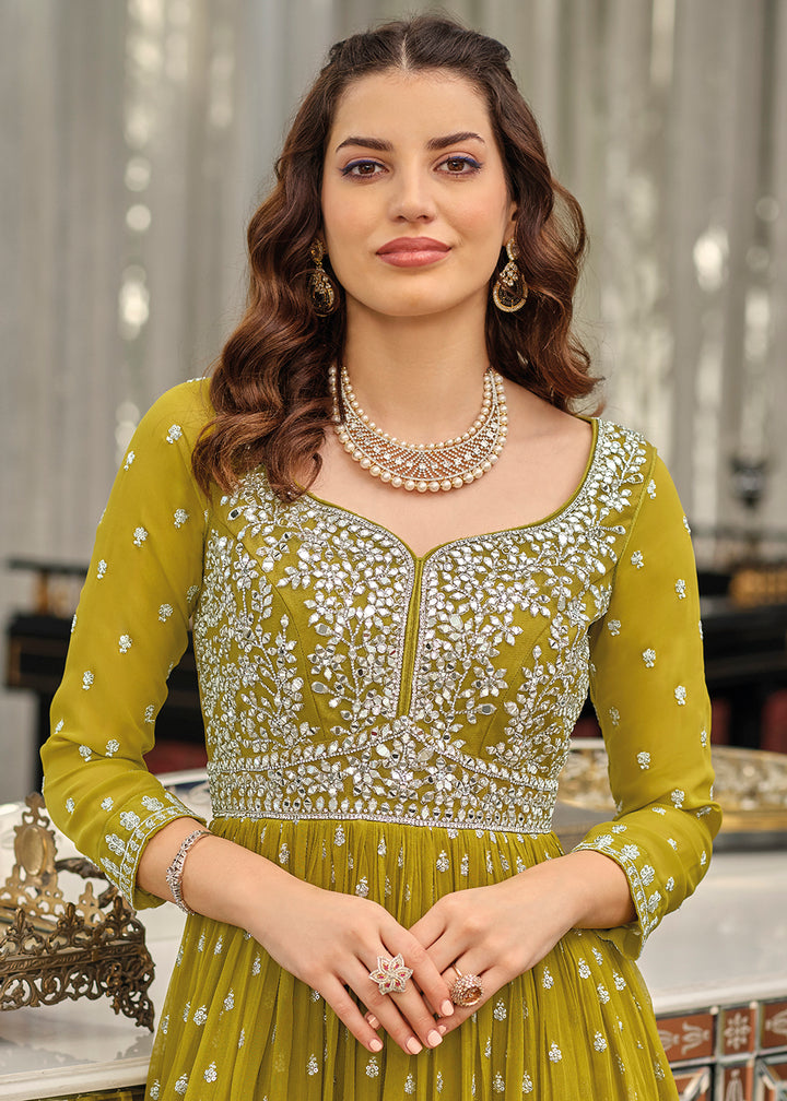 Buy Now Green Mahendi Wedding Party Wear Long Anarkali Gown Online in USA, UK, Australia, New Zealand, Canada & Worldwide at Empress Clothing. 