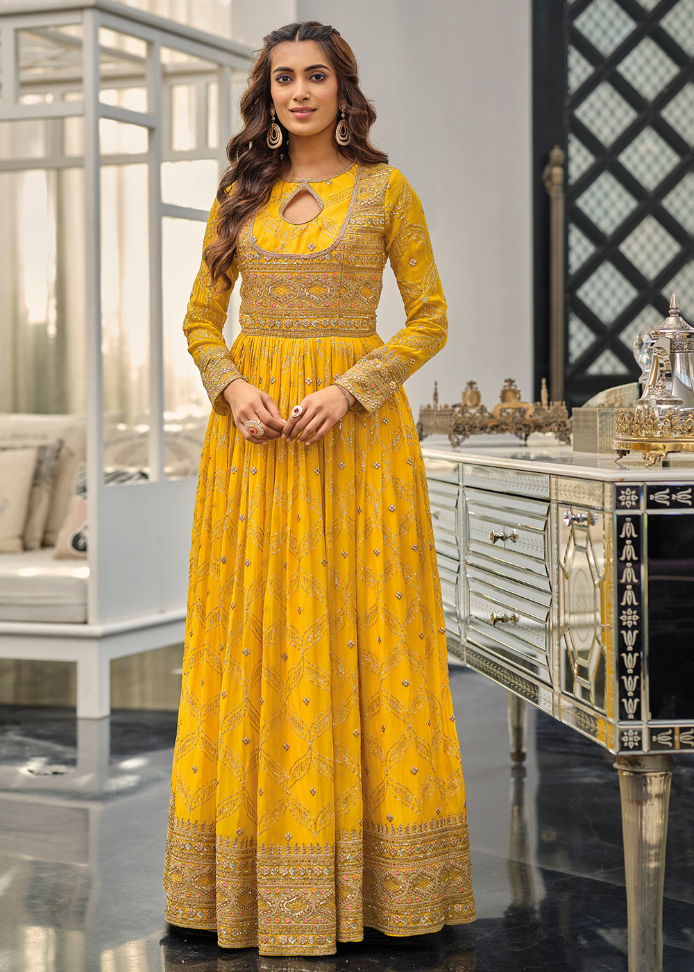 Buy Now Mustard Haldi Wedding Party Wear Long Anarkali Gown Online in USA, UK, Australia, New Zealand, Canada & Worldwide at Empress Clothing.