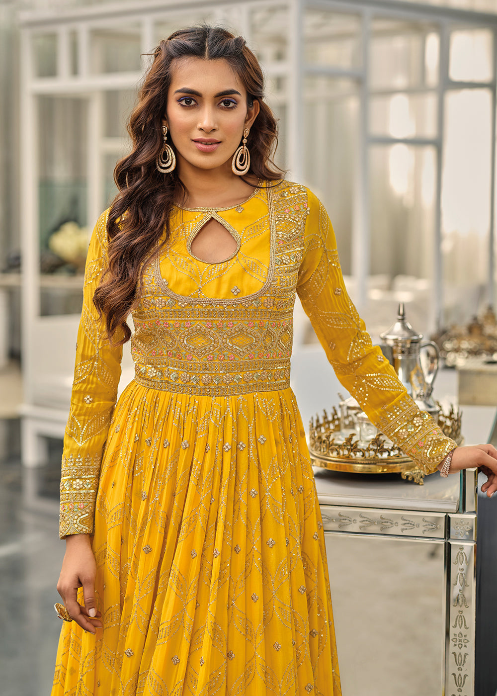 Buy Now Mustard Haldi Wedding Party Wear Long Anarkali Gown Online in USA, UK, Australia, New Zealand, Canada & Worldwide at Empress Clothing.