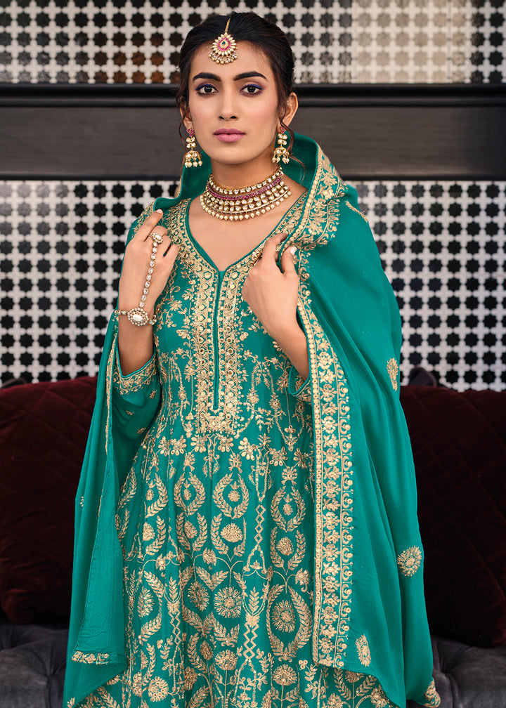 Buy Now Punjabi Style Admirable Teal Wedding Palazzo Suit Online in UK at Empress Clothing.
