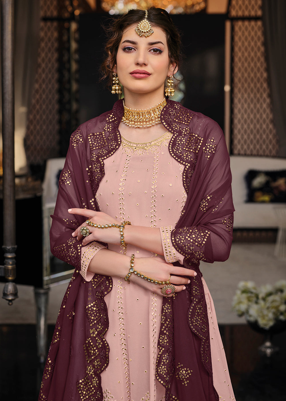 Buy Now Punjabi Style Intricate Pink Wedding Palazzo Suit Online in UK at Empress Clothing.