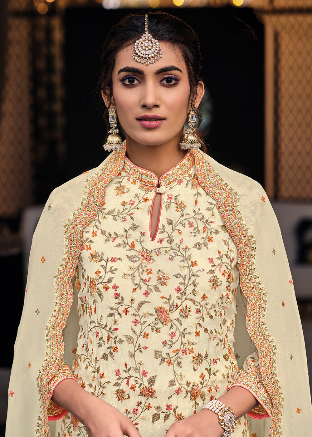 Buy Now Cream Chinon & Georgette Designer Palazzo Salwar Suit Online in USA, UK, Canada, Germany & Worldwide at Empress Clothing.