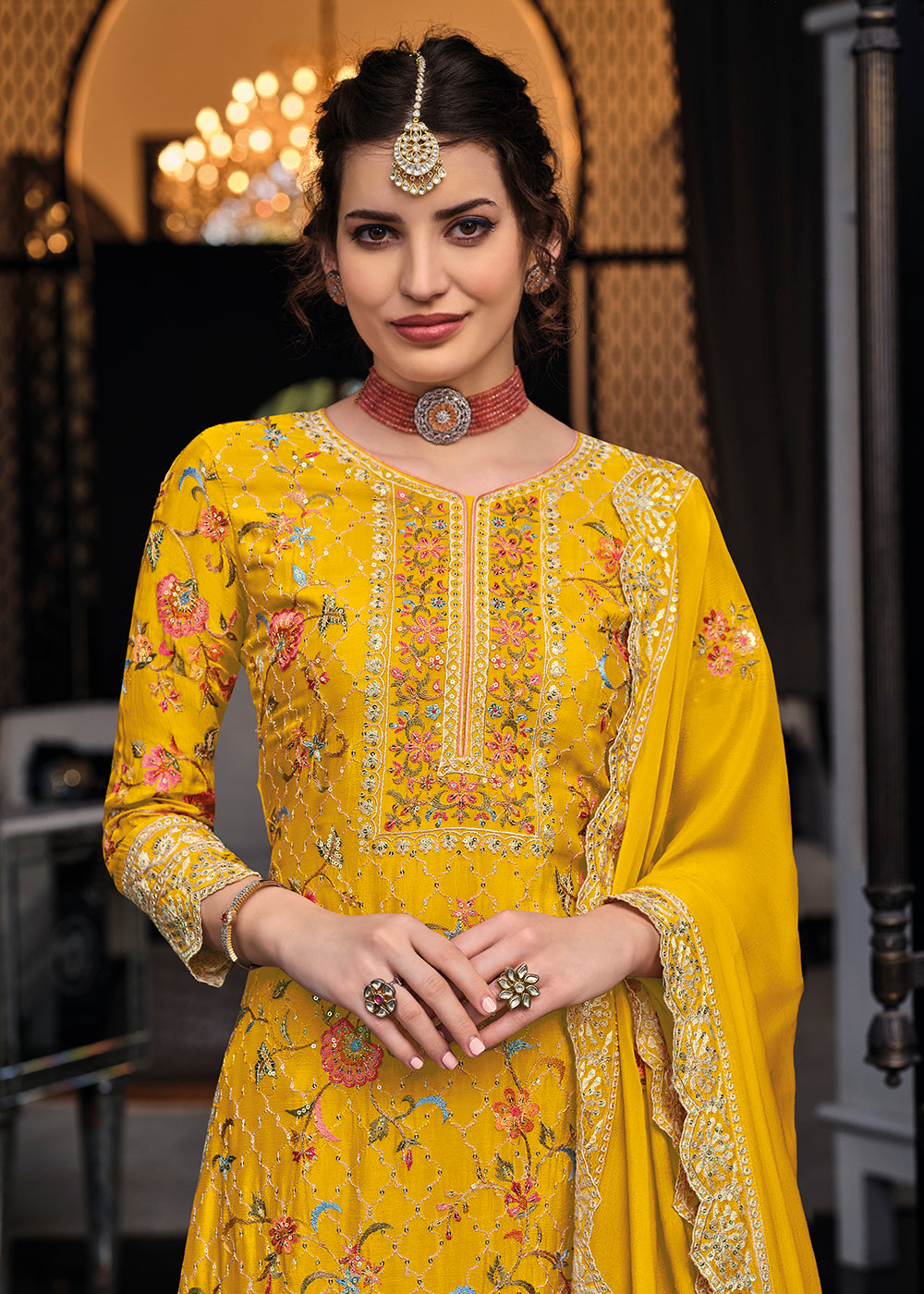 Buy Now Yellow Chinon & Georgette Designer Palazzo Salwar Suit Online in USA, UK, Canada, Germany & Worldwide at Empress Clothing. 