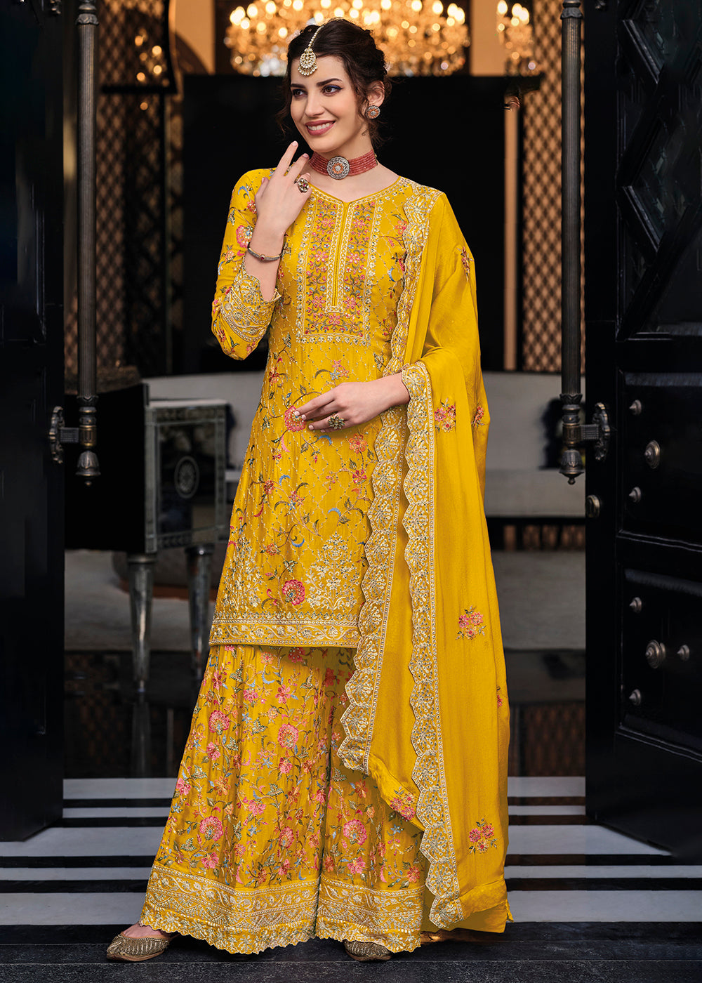 Buy Now Yellow Chinon & Georgette Designer Palazzo Salwar Suit Online in USA, UK, Canada, Germany & Worldwide at Empress Clothing. 