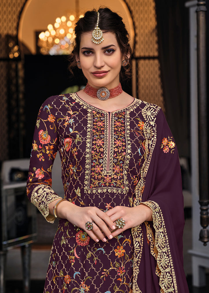 Buy Now Plum Chinon & Georgette Designer Palazzo Salwar Suit Online in USA, UK, Canada, Germany & Worldwide at Empress Clothing.