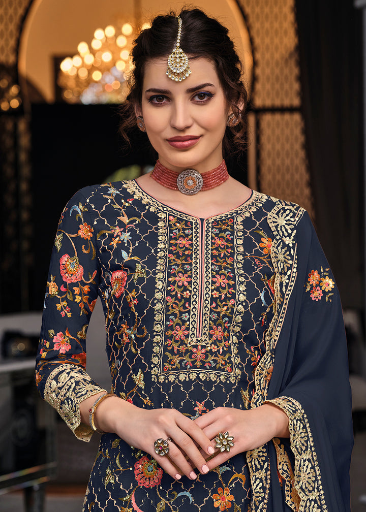 Buy Now Navy Blue Chinon & Georgette Designer Palazzo Salwar Suit Online in USA, UK, Canada, Germany & Worldwide at Empress Clothing. 