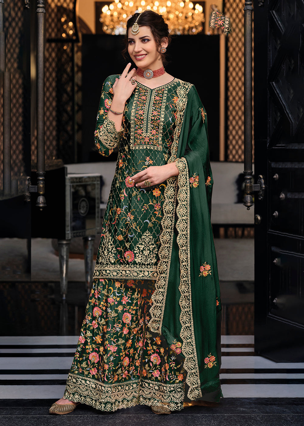 Buy Now Dark Green Chinon & Georgette Designer Palazzo Salwar Suit Online in USA, UK, Canada, Germany & Worldwide at Empress Clothing.
