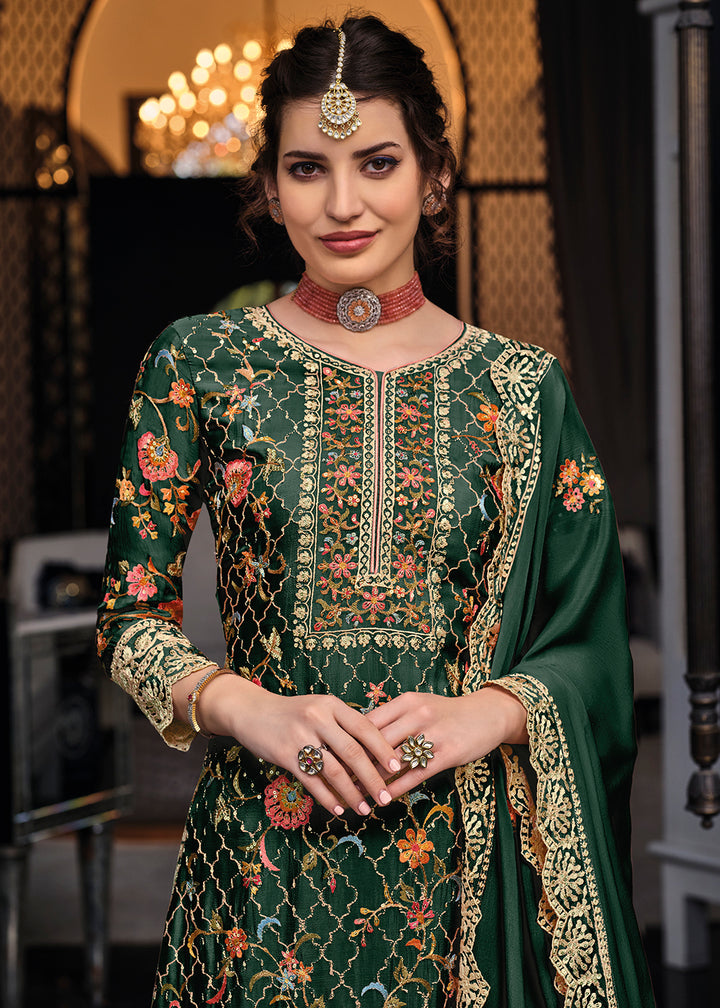 Buy Now Dark Green Chinon & Georgette Designer Palazzo Salwar Suit Online in USA, UK, Canada, Germany & Worldwide at Empress Clothing.