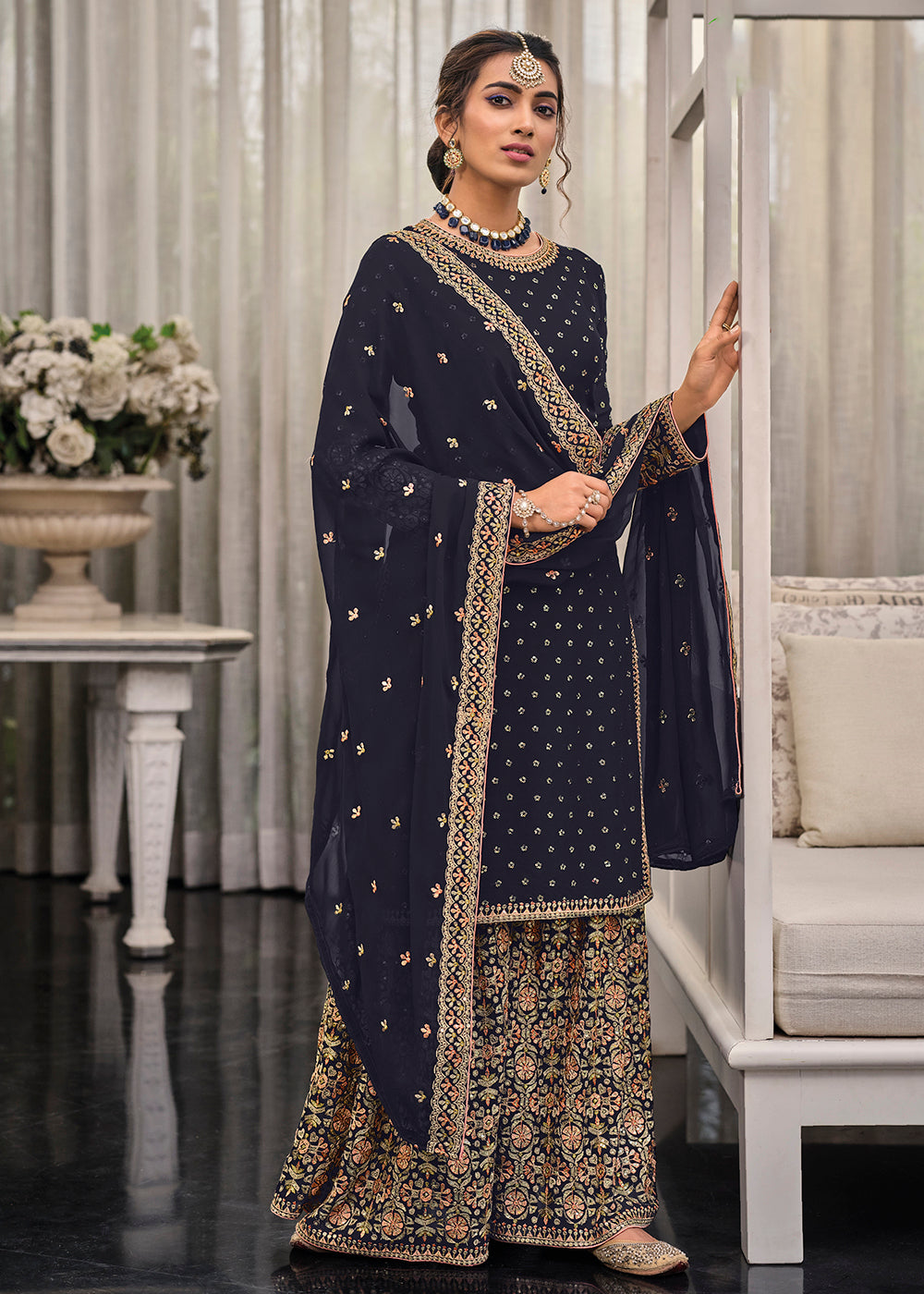 Buy Now Blue Chinon & Georgette Designer Palazzo Salwar Suit Online in USA, UK, Canada, Germany & Worldwide at Empress Clothing.