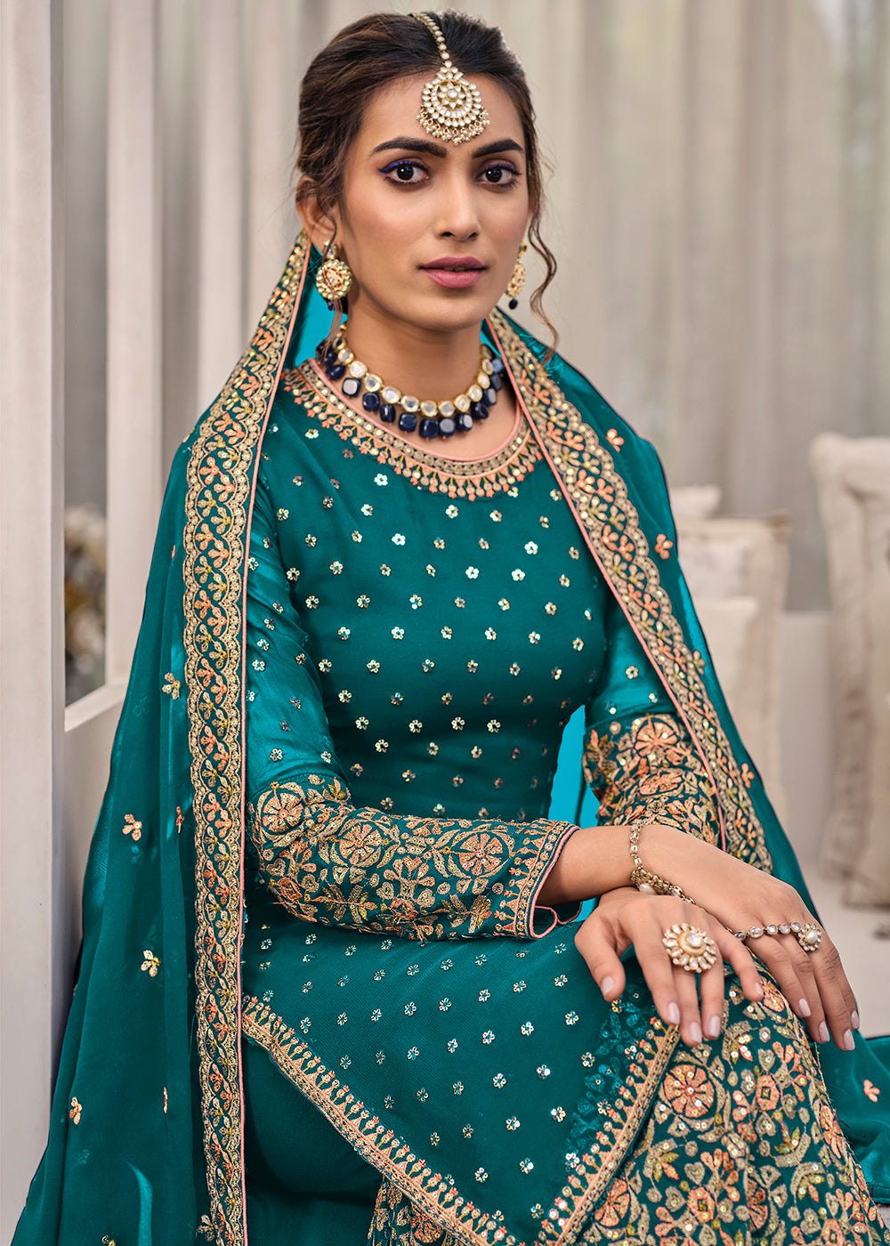 Buy Now Turquoise Chinon & Georgette Designer Palazzo Salwar Suit Online in USA, UK, Canada, Germany & Worldwide at Empress Clothing. 