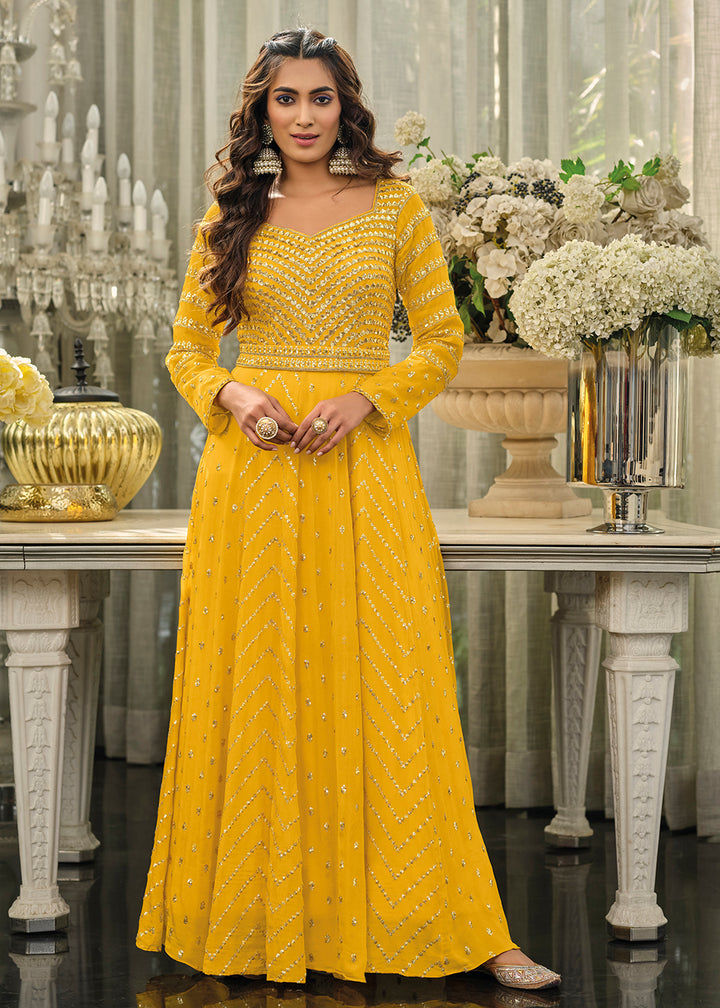 Buy Now Sunshine Yellow Embellished Chinon Function Anarkali Dress Online in USA, UK, Australia, New Zealand, Canada & Worldwide at Empress Clothing.