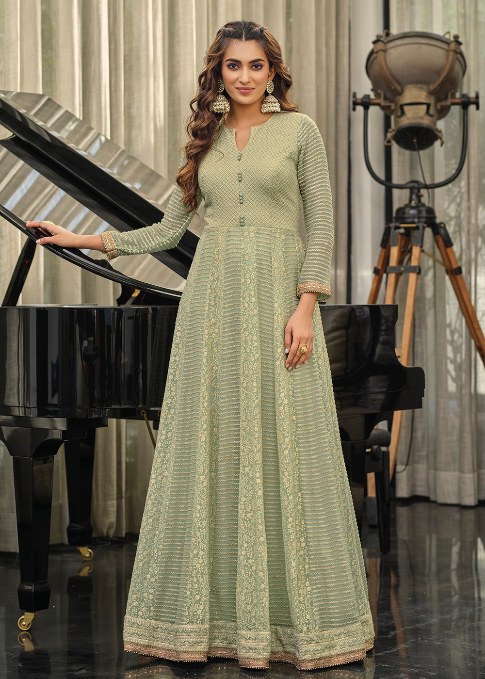 Buy Now Laurel Green Embellished Georgette Function Anarkali Dress Online in USA, UK, Australia, New Zealand, Canada & Worldwide at Empress Clothing. 