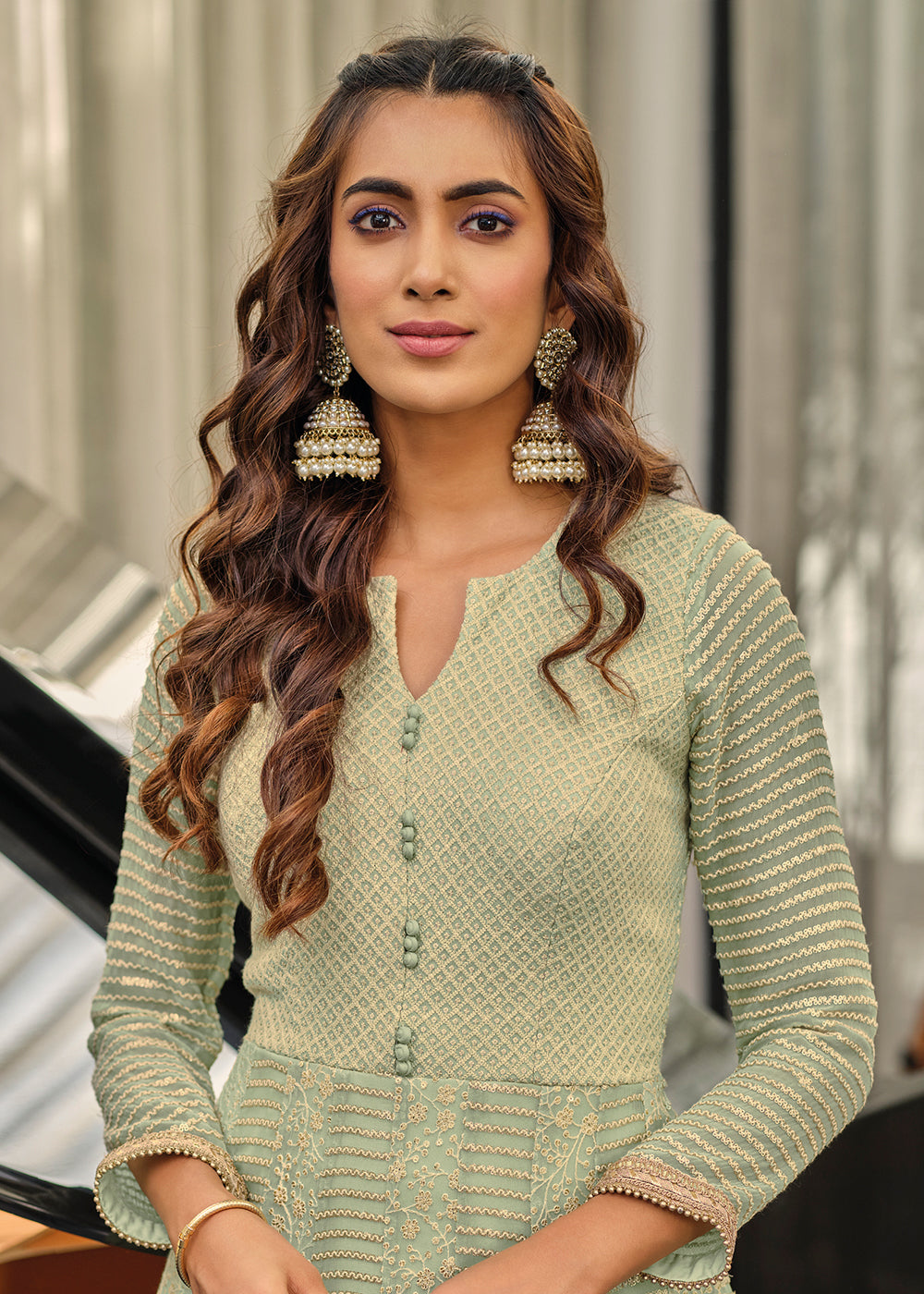 Laurel Green Embellished Georgette Function Anarkali Dress Laurel Green Embellished Georgette Function Anarkali Dress