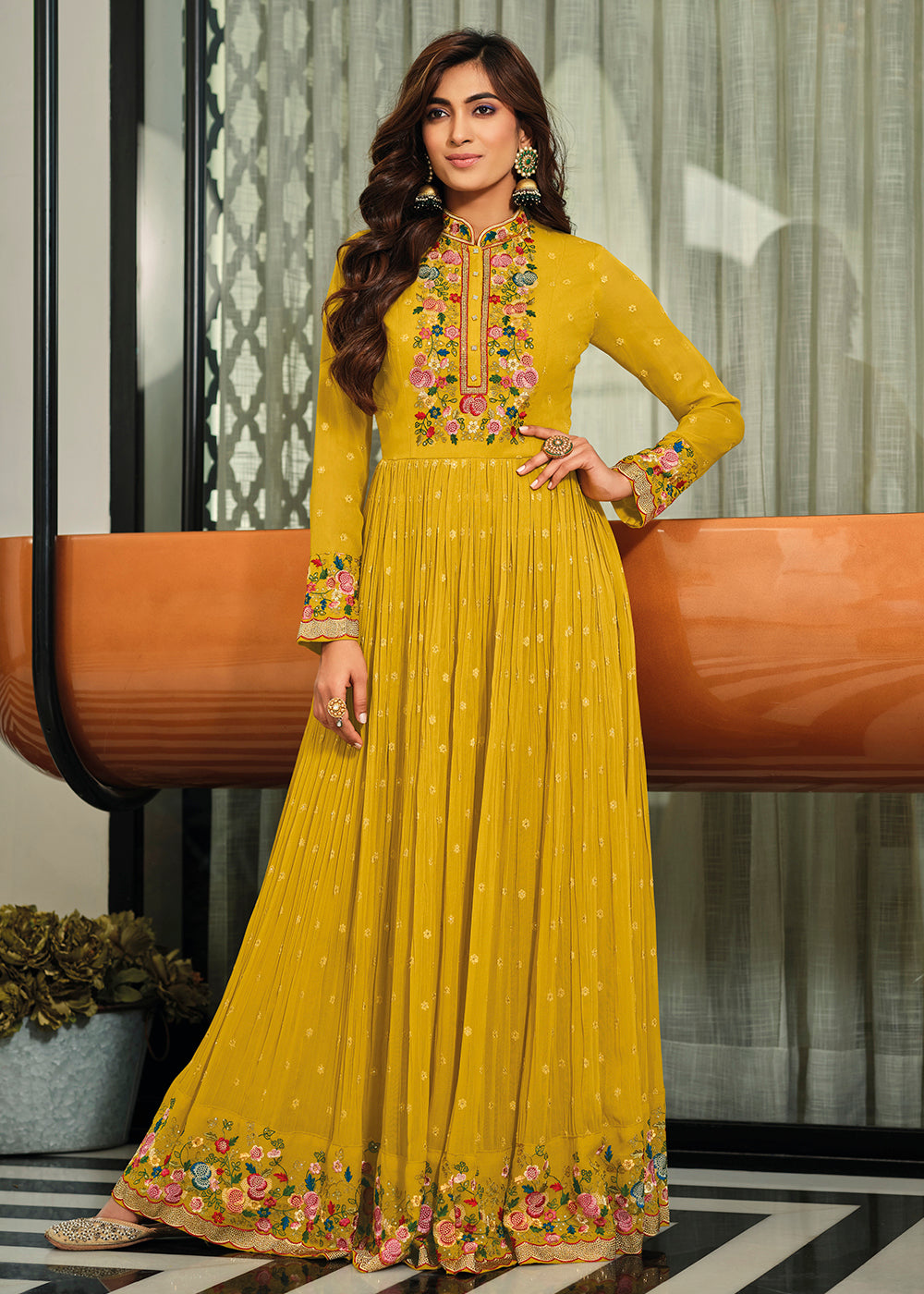 Buy Georgette Anarkali Suit - Yellow Flower Embroidered Anarkali Dress Empress Clothing Buy Georgette Anarkali Suit - Yellow Flower Embroidered Anarkali Dress Empress Clothing