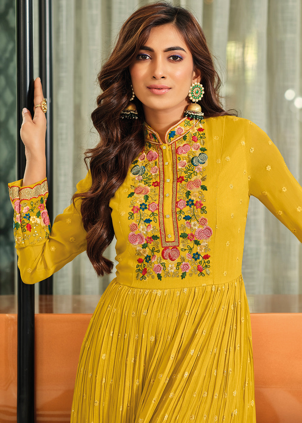 Buy Now Mustard Yellow Flower Embroidered Georgette Anarkali Dress Online in USA, UK, Australia, New Zealand, Canada & Worldwide at Empress Clothing.