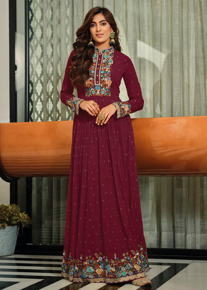 Buy Now Plum Purple Flower Embroidered Georgette Anarkali Dress Online in USA, UK, Australia, New Zealand, Canada & Worldwide at Empress Clothing. 