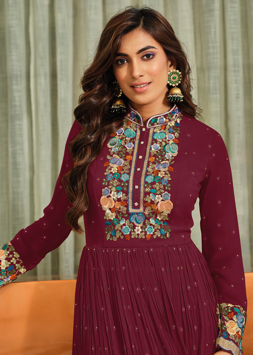 Buy Now Plum Purple Flower Embroidered Georgette Anarkali Dress Online in USA, UK, Australia, New Zealand, Canada & Worldwide at Empress Clothing. 