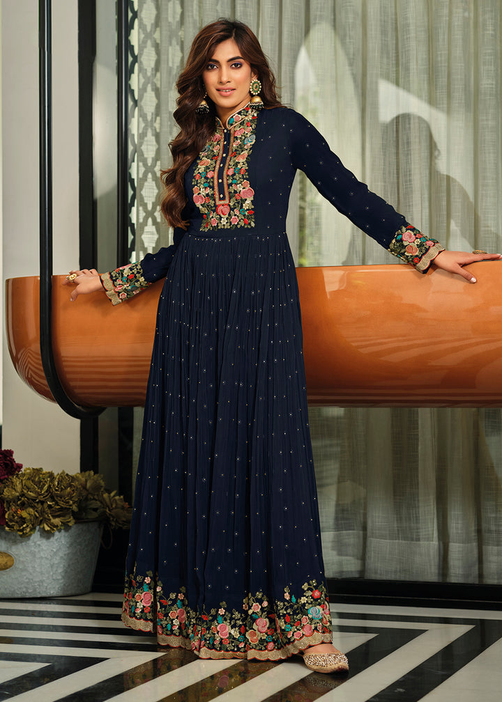 Buy Now Navy Blue Flower Embroidered Georgette Anarkali Dress Online in USA, UK, Australia, New Zealand, Canada & Worldwide at Empress Clothing.